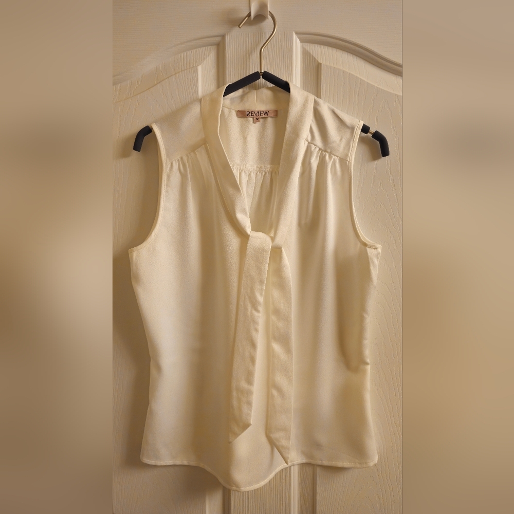White Sleeveless Blouse with Tie Neck, Review Australia Size 12